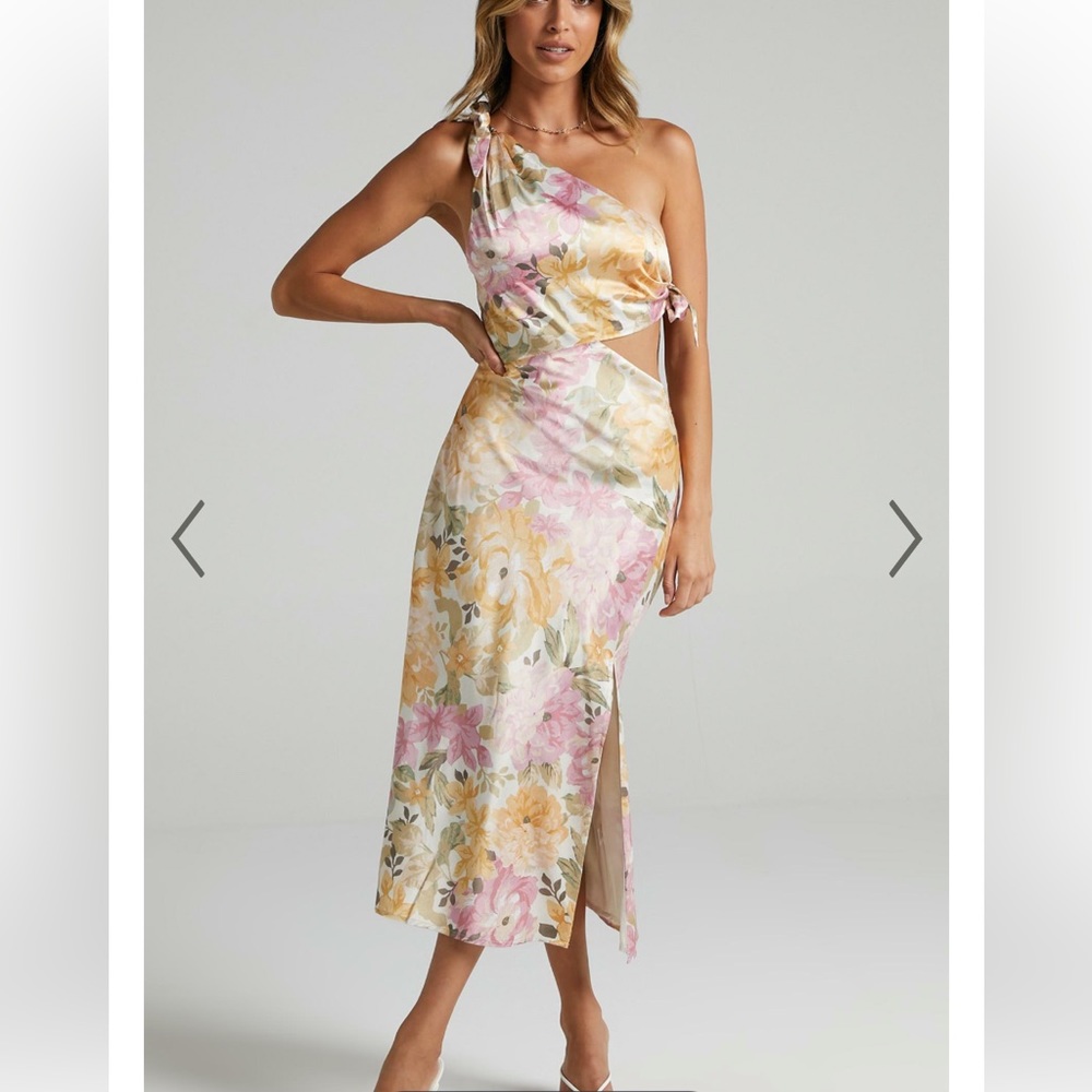 One Shoulder Cut Out Floral Midi Dress